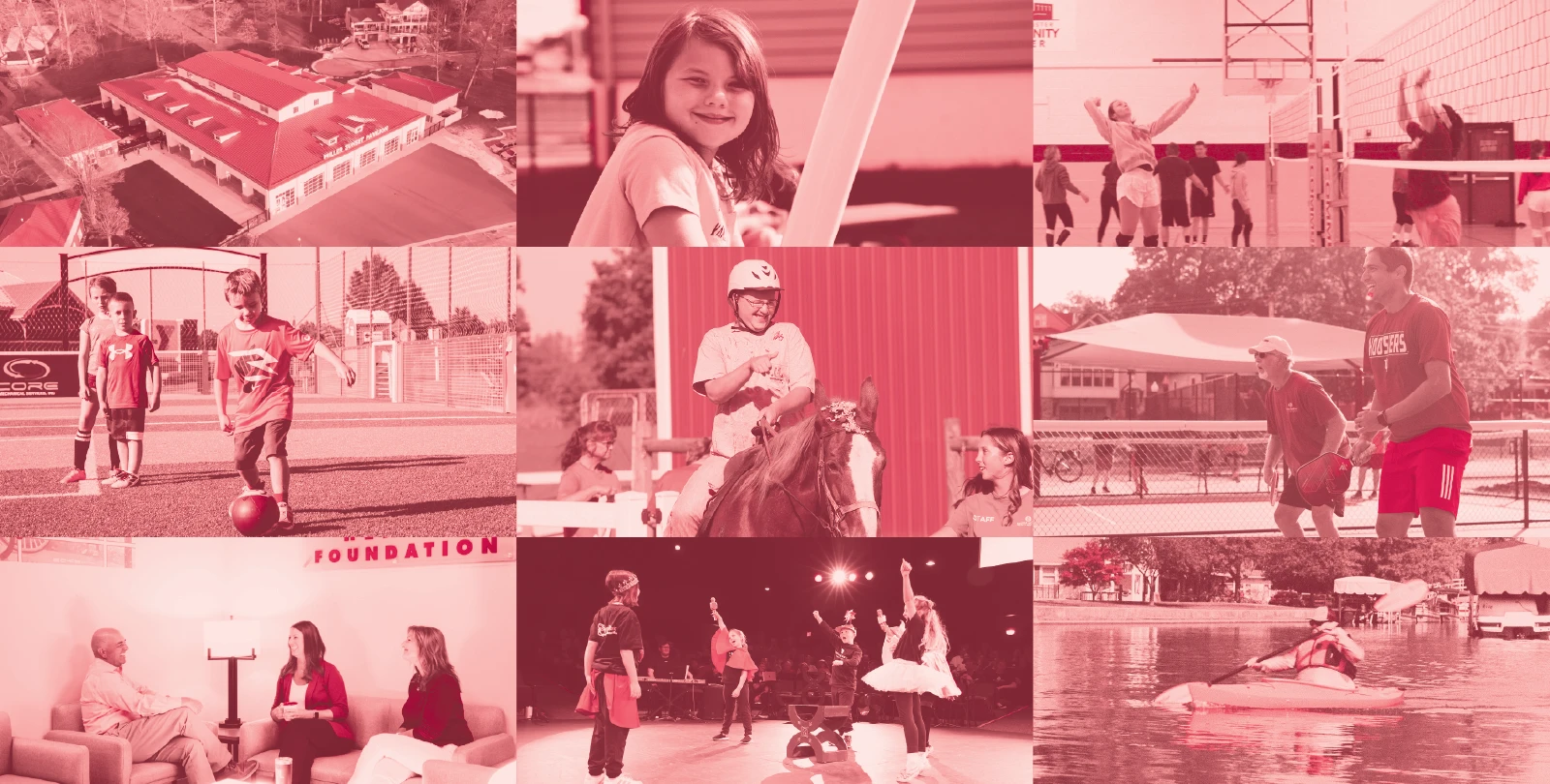 Collage of community photos with red overlay